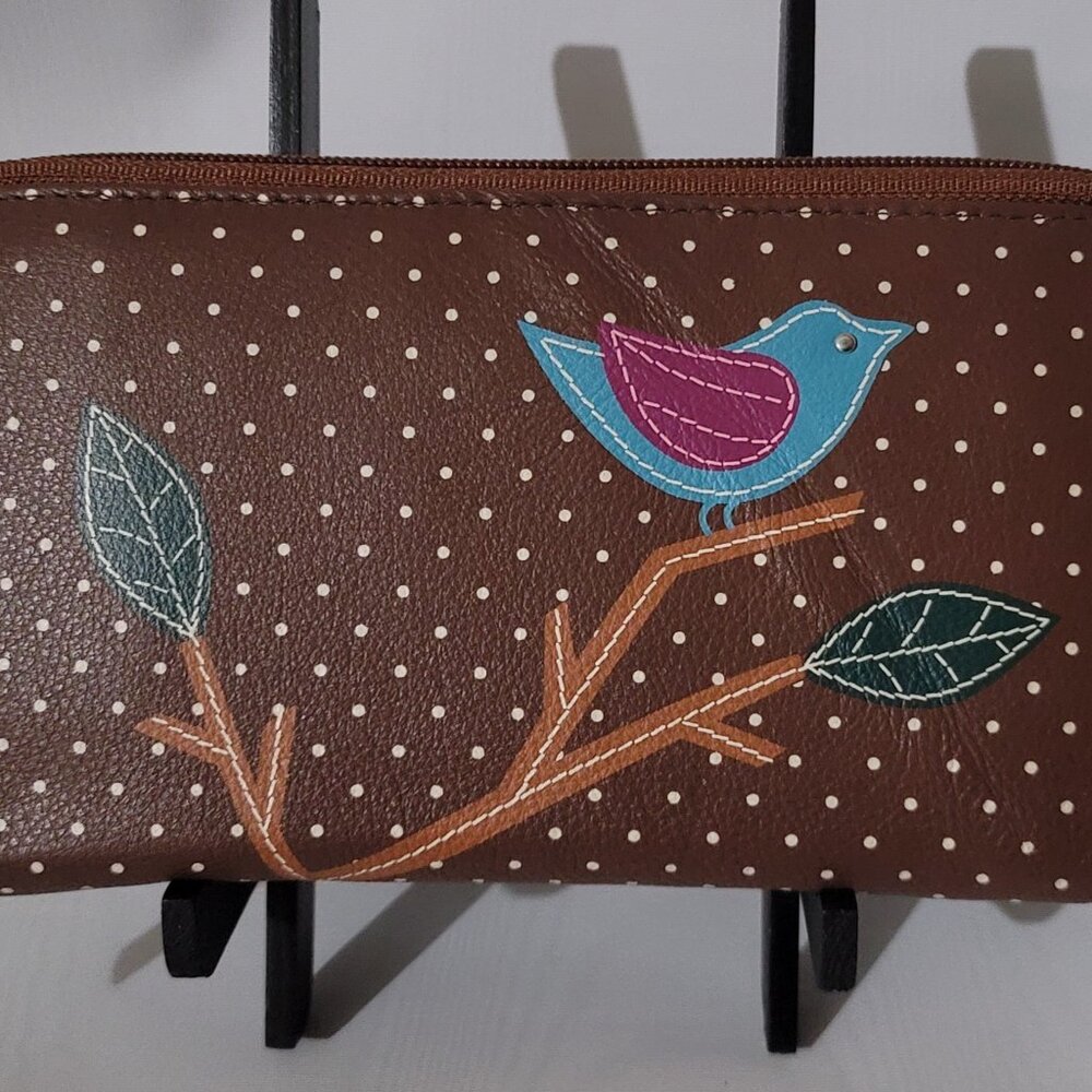 Leather Zip Around Women's Wallet, Polka-dot Pattern & Bird Appliqué - RFID